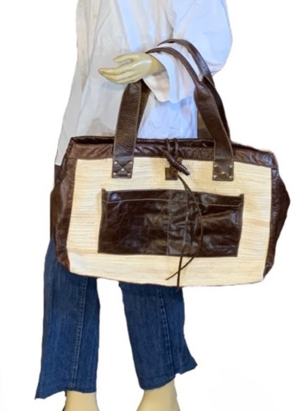 Threads Of Evolution "Wanderlust" Weekender Bag Cream Chindi Rug & Brown Leather